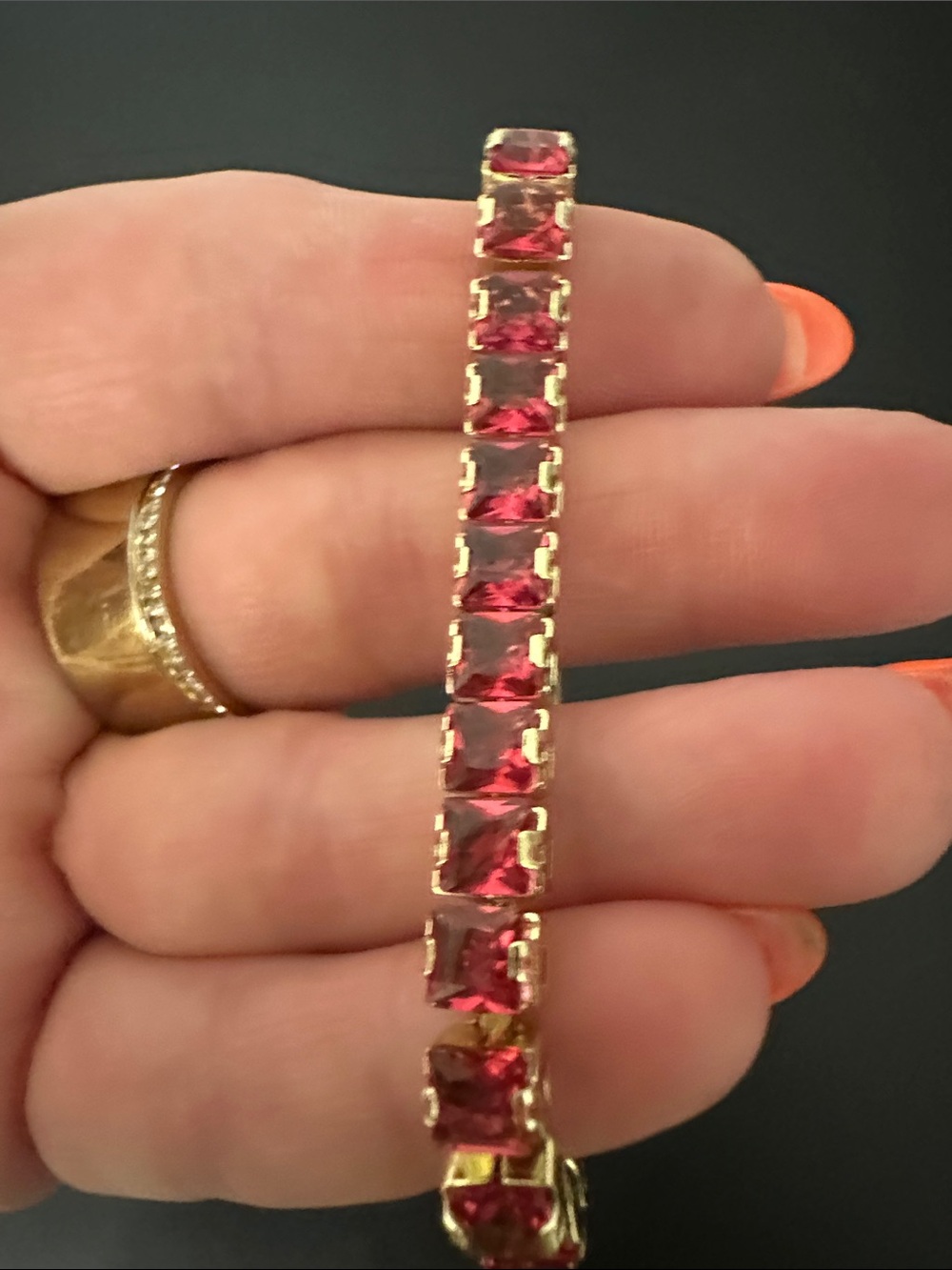 NWT Gold Tennis Bracelet w Fuchsia Swarovski Crystals